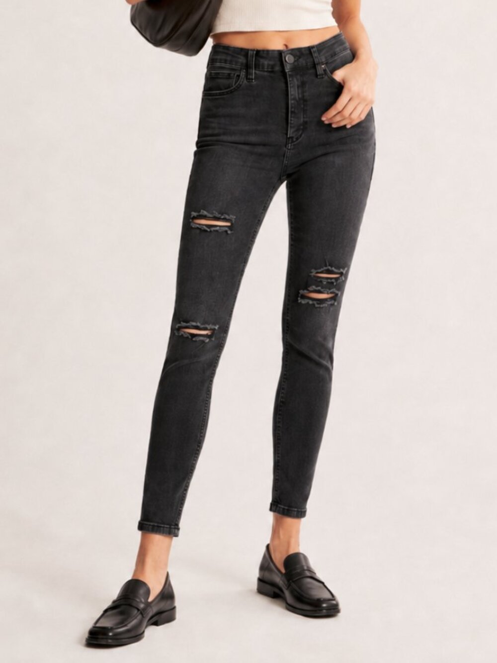 Free People Distressed Ankle Skinny Jeans | W27 | Black Stretch Denim Grunge Y2K